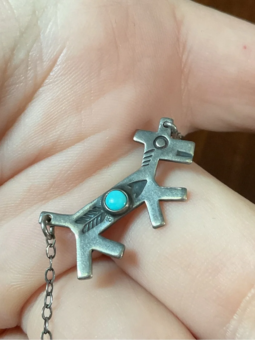 Vintage Sterling Turquoise Native American Horse Engraved Necklace Old Clasp